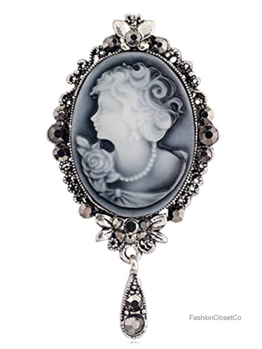 Vintage Tear Drop Cameo Brooch Pin Rhinestone Silver Tone Alloy